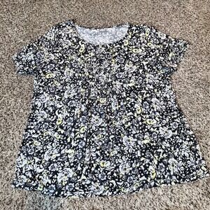 Croft & Barrow Womens 2X Floral Pintuck Short Sleeve Blouse Black Yellow Rayon